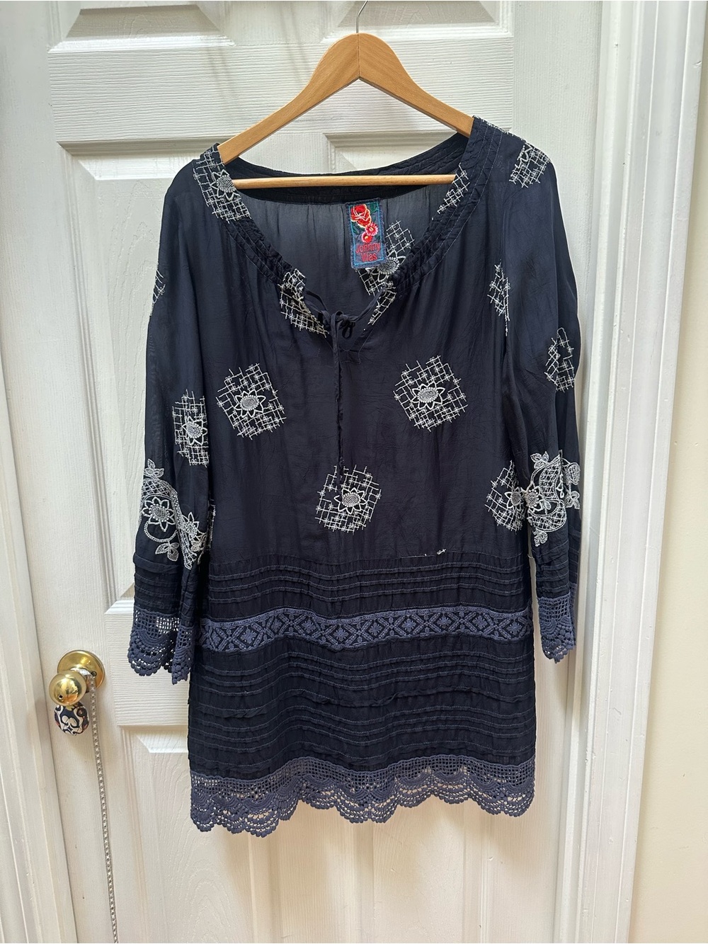 Johnny Was Navy Blue Tunic dress White Embroidered boho peasant long sleeve